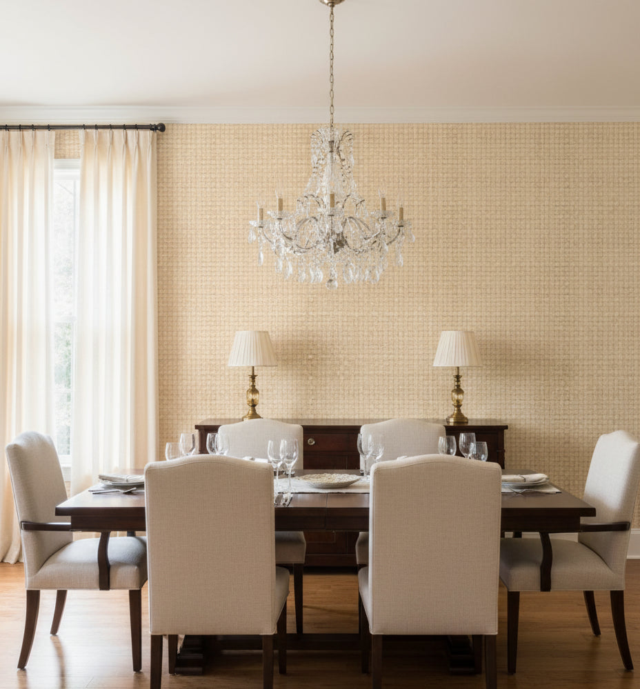 Ravenna Natural Basketweave Grasscloth Wallcovering | Fentucci - dining room room setting