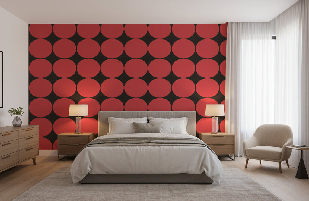 Red Circles on Silver Mylar - bedroom room setting