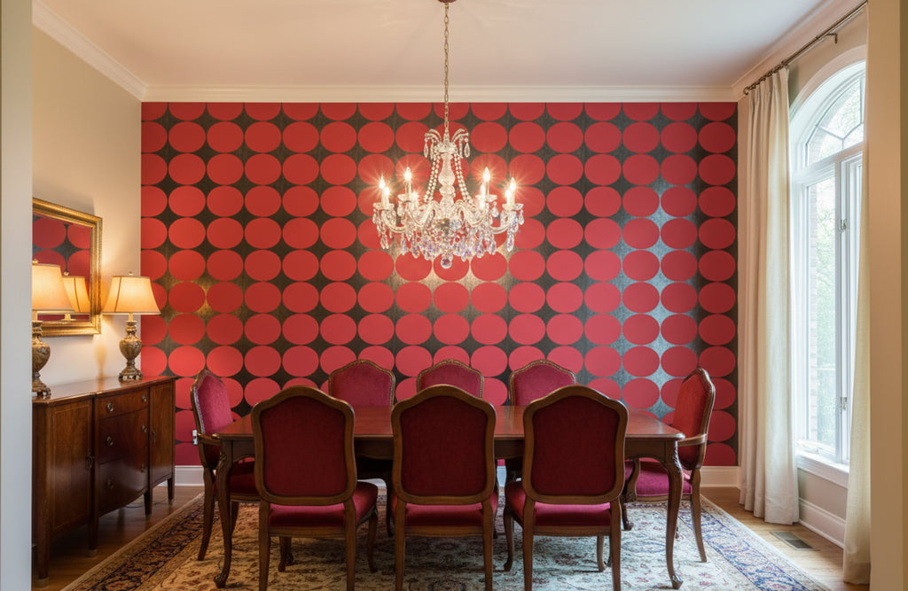 Red Circles on Silver Mylar - dining room room setting