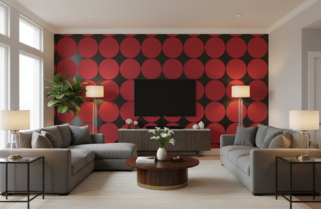 Red Circles on Silver Mylar - living room room setting
