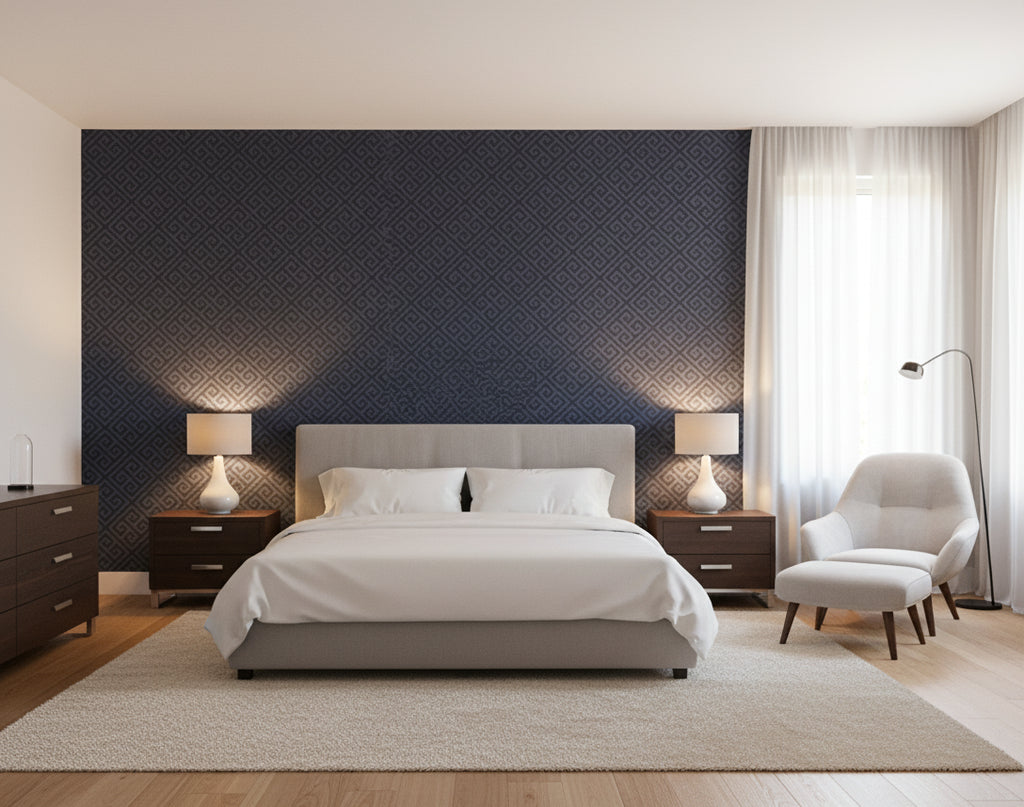 Riviera Geometric Grass Blue | Phillipe Romano - bedroom room setting