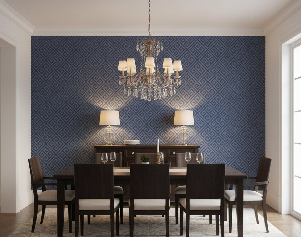 Riviera Geometric Grass Blue | Phillipe Romano - dining room room setting