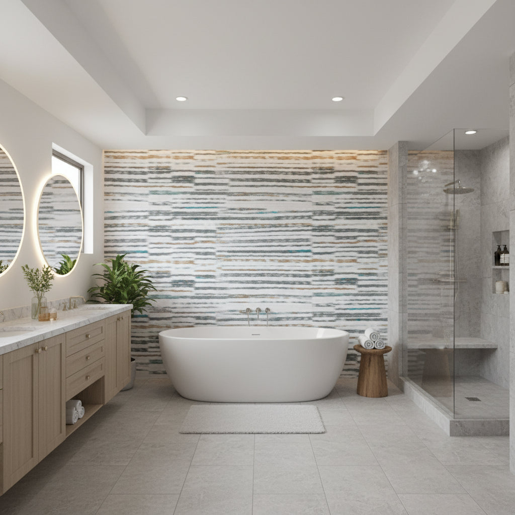 Marazzi Oxide Wallcovering - Bathroom Setting 17ft view | Black Edition