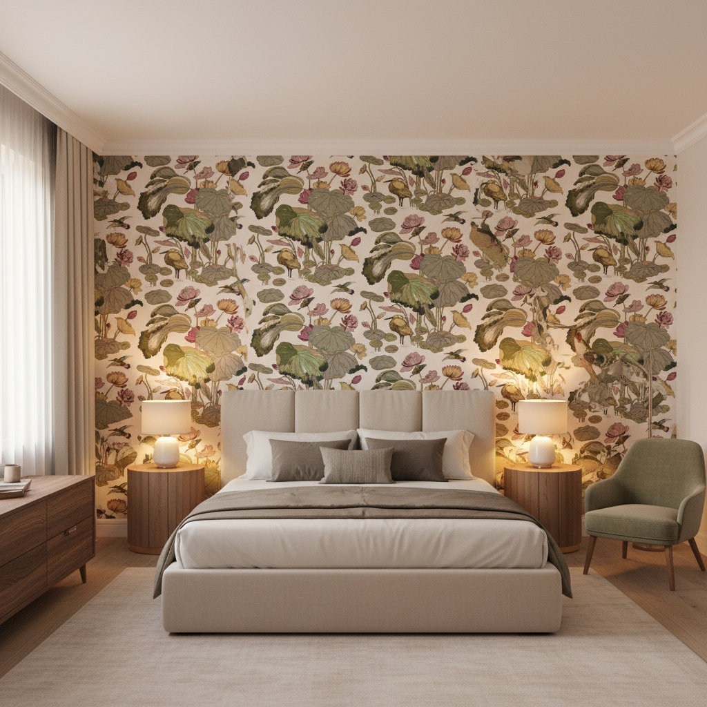 Nympheus Print Cream - Bedroom Room Setting | Kravet
