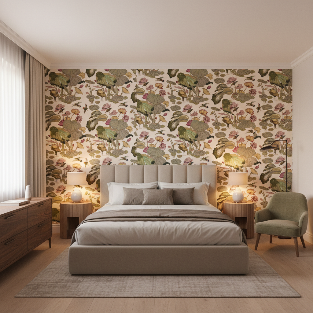 Nympheus Print Cream - Bedroom Room Setting | Kravet