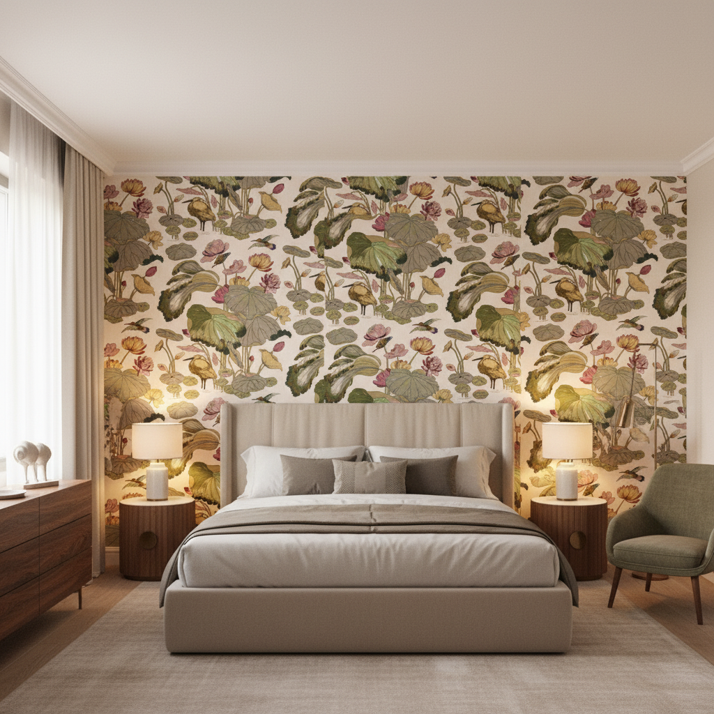 Nympheus Print Cream - Bedroom Room Setting