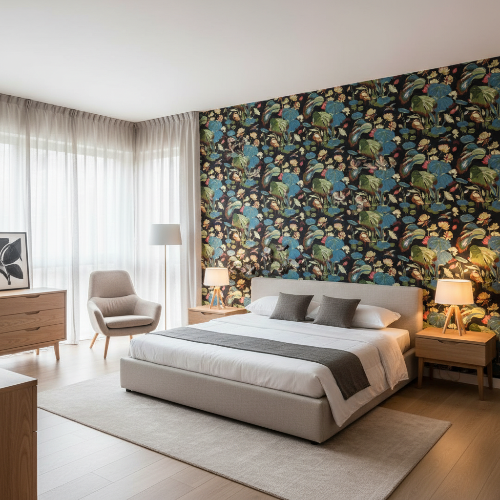 Nympheus Print Teal — Bedroom Room Setting