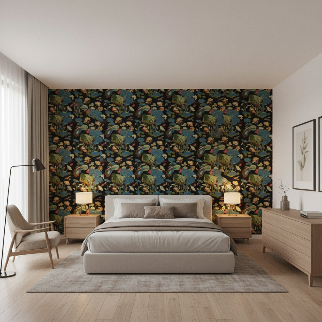 Nympheus Print Teal — Bedroom Room Setting