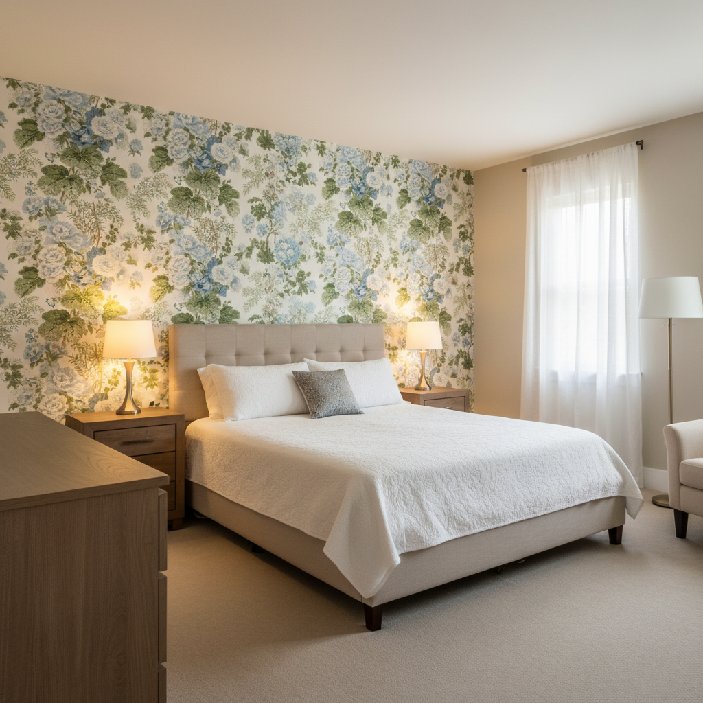 Hollyhock Hdb Blue/Leaf — Bedroom Room Setting