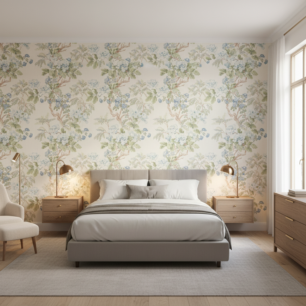 Chinese Peony Blue — Bedroom Room Setting
