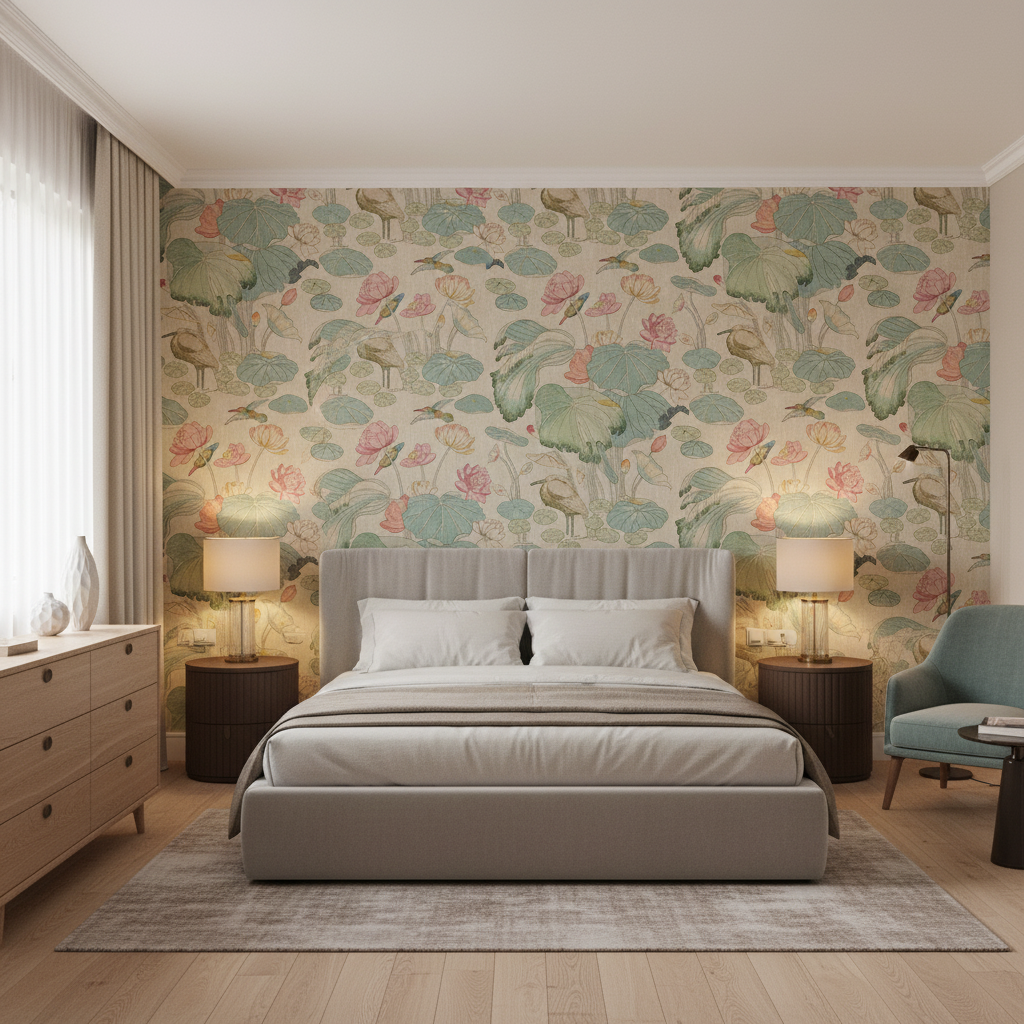 Nympheus Twill Pink/Teal — Bedroom Room Setting
