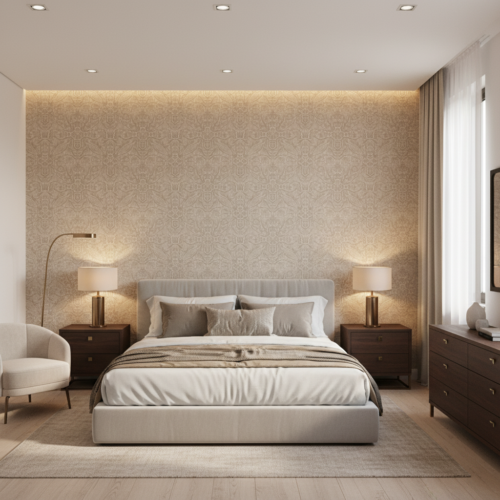 Oxford Velvet Sand — Bedroom Room Setting