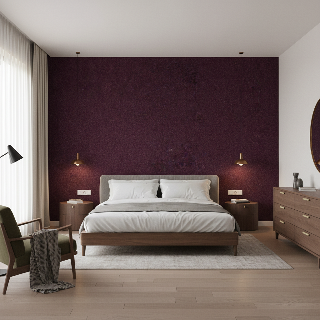 Skye Wool Aubergine — Bedroom Room Setting