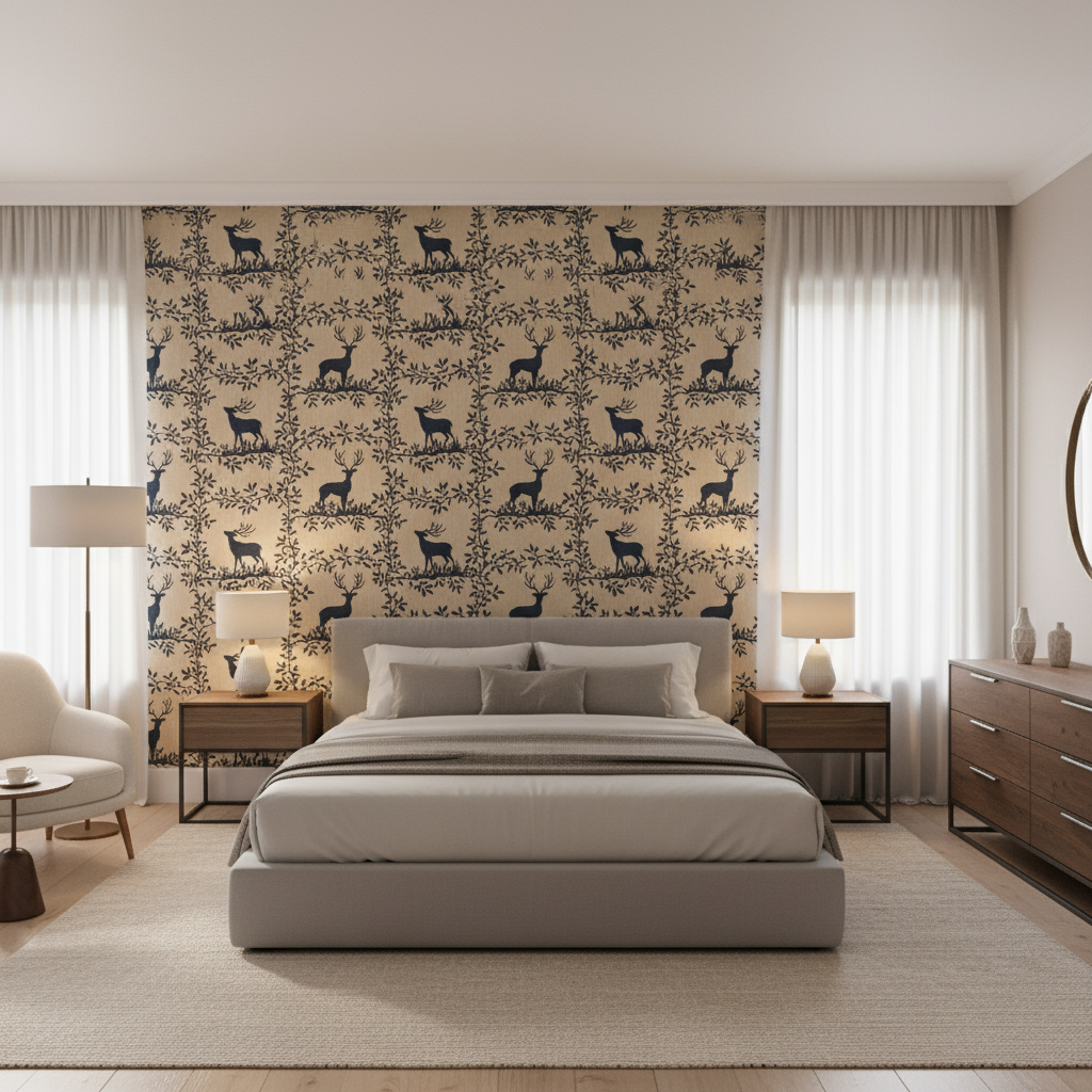 Caribou Emb Navy — Bedroom Room Setting