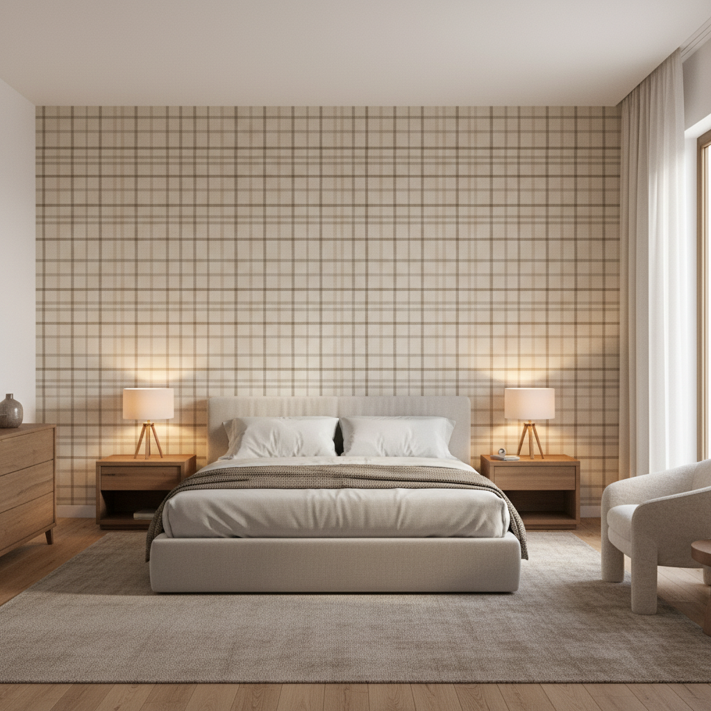 Fannin Plaid Stone/Mink — Bedroom Room Setting