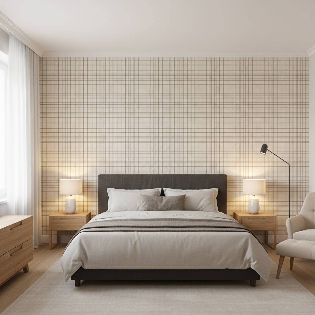 Fannin Plaid Stone/Mink — Bedroom Room Setting