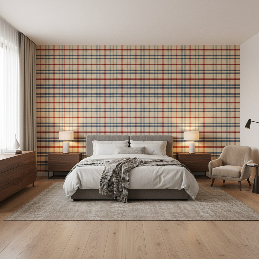Fannin Plaid Ruby/Navy — Bedroom Room Setting
