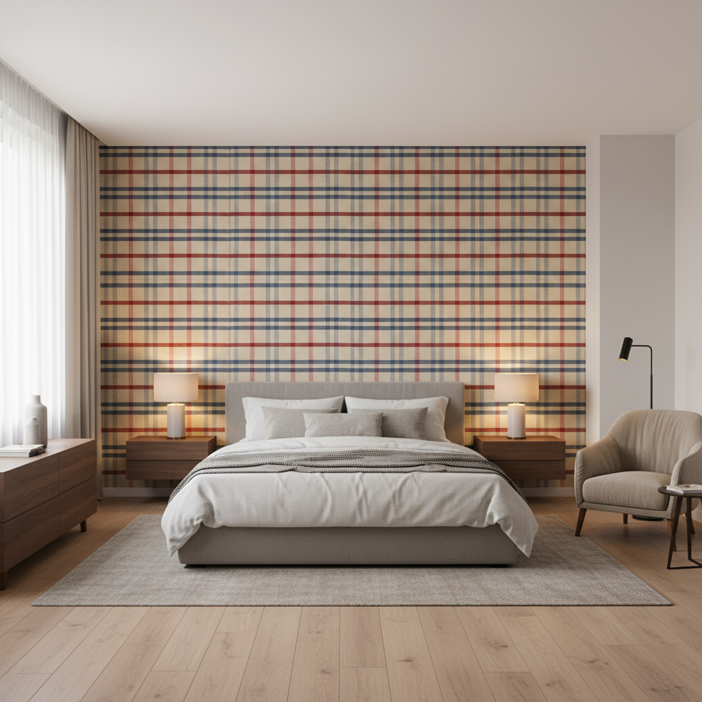 Fannin Plaid Ruby/Navy — Bedroom Room Setting