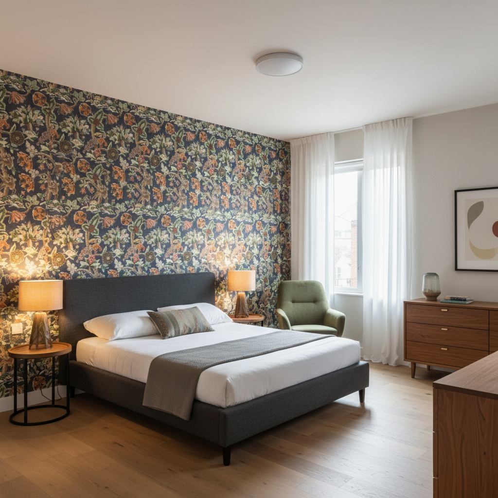Leyland Print Blue/Multi — Bedroom Room Setting