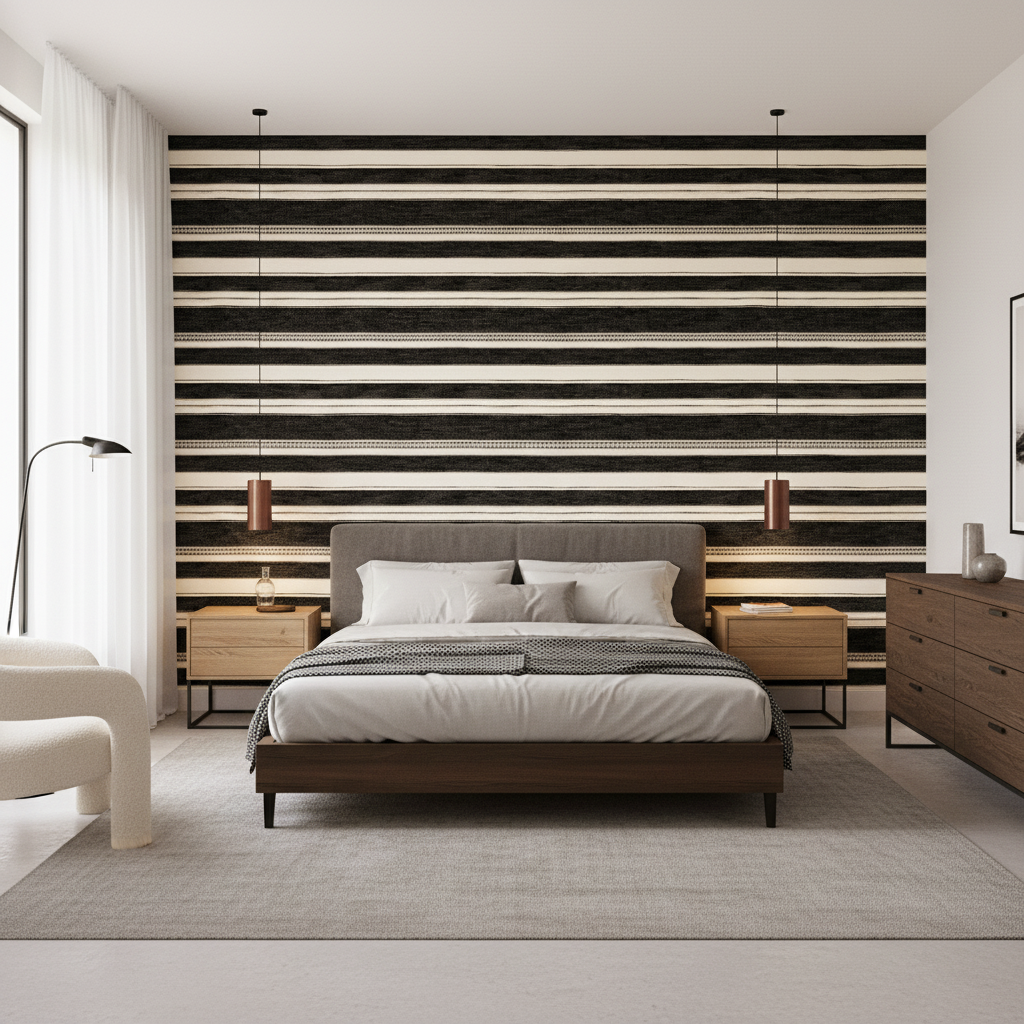 Entoto Stripe Ivory/Black — Bedroom Room Setting