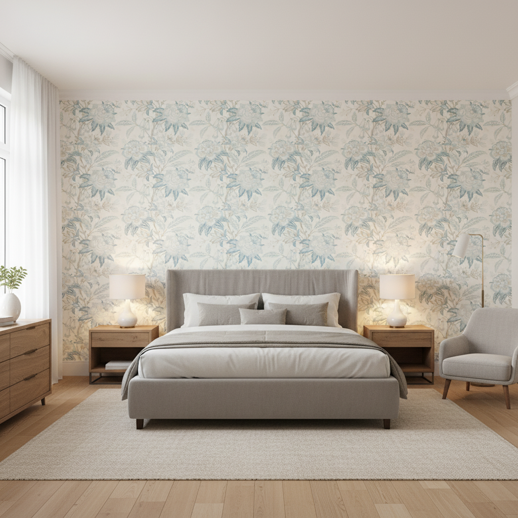 Davenport Print Frost Blue — Bedroom Room Setting