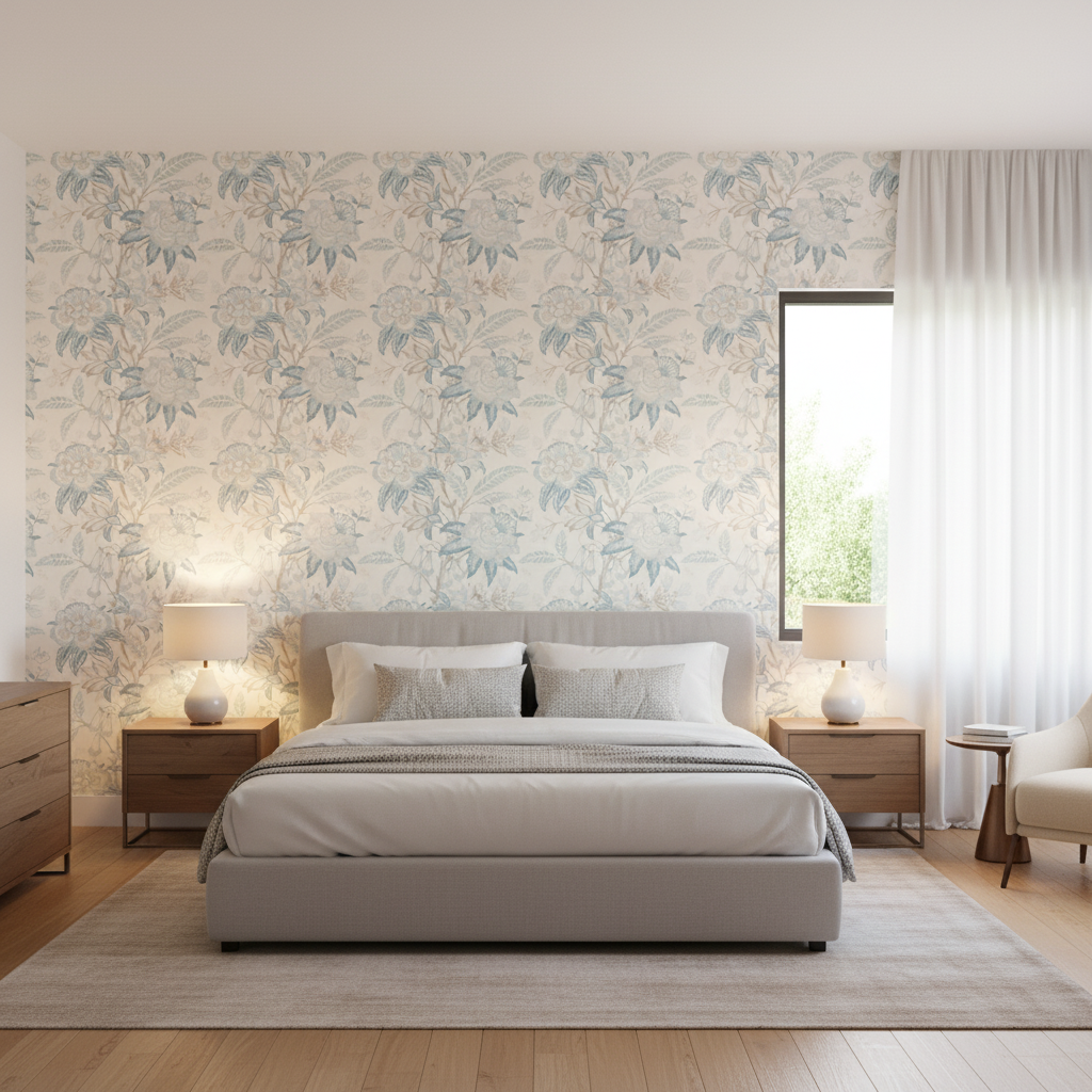 Davenport Print Frost Blue — Bedroom Room Setting