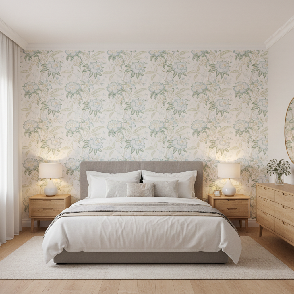 Davenport Print Sea Mist — Bedroom Room Setting
