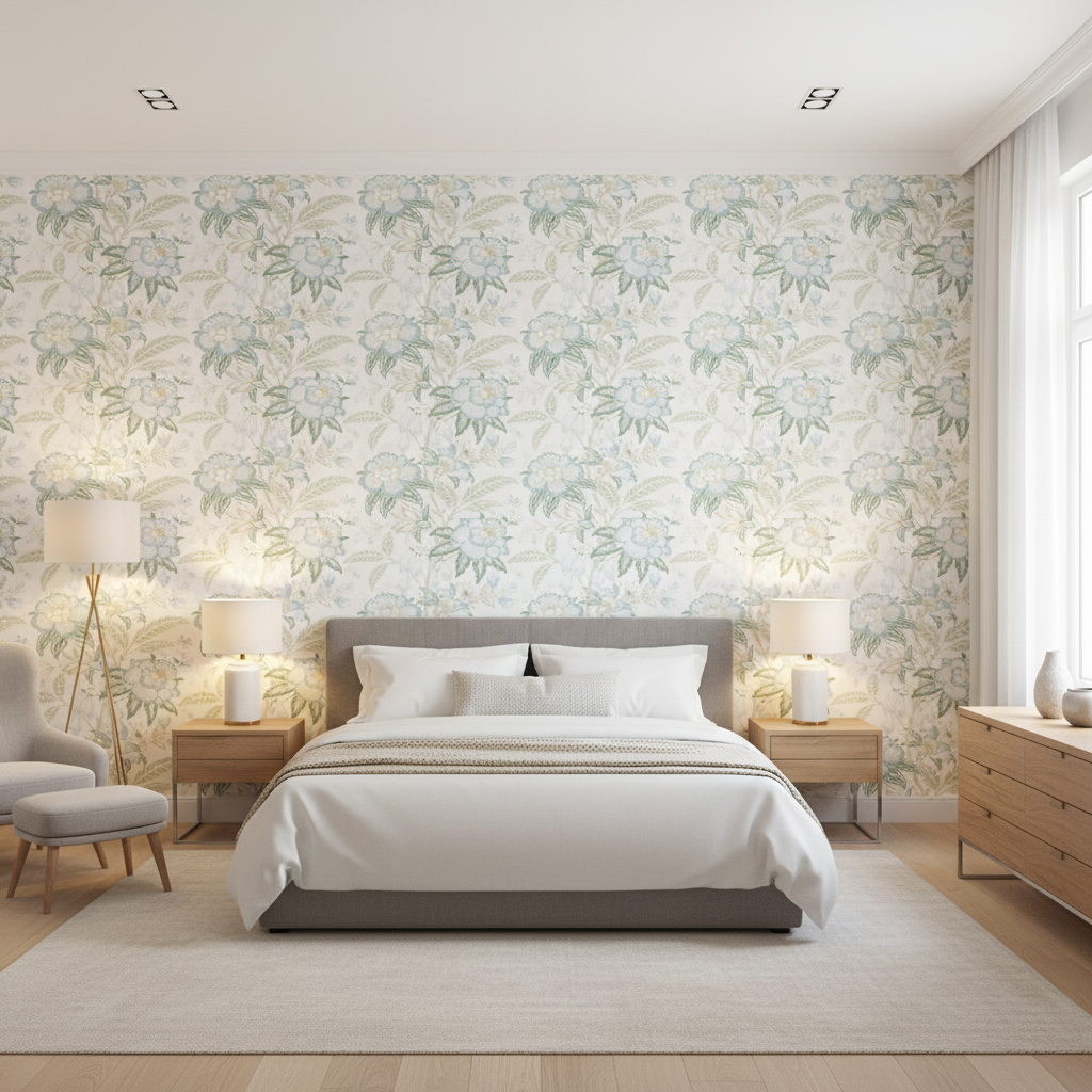 Davenport Print Sea Mist — Bedroom Room Setting