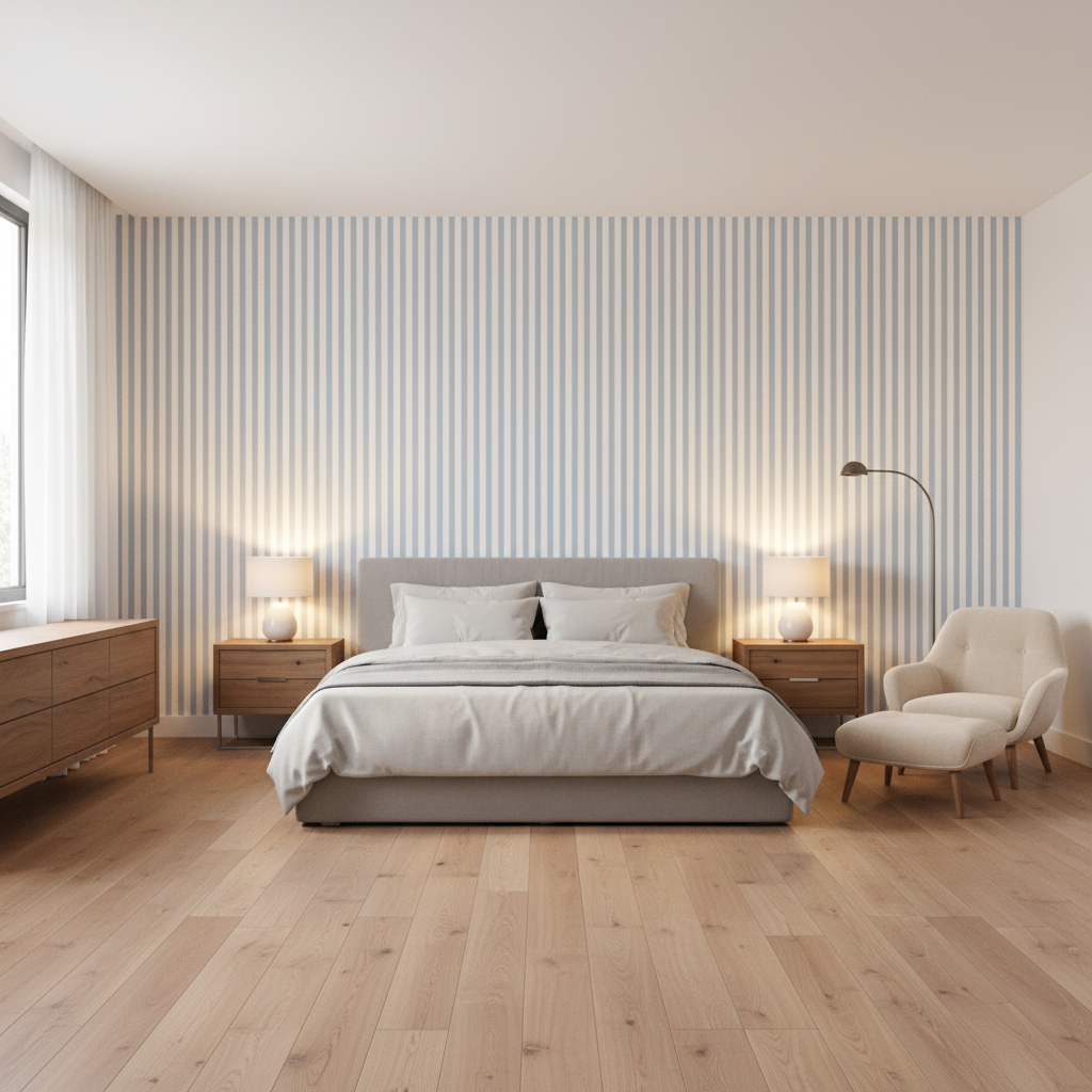 Cap Ferrat Stripe Sky — Bedroom Room Setting