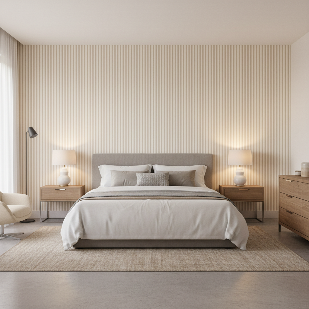 Cap Ferrat Stripe Beige — Bedroom Room Setting