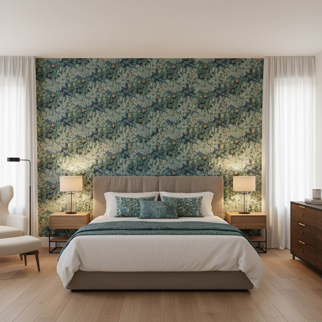 Arley Print Lagoon — Bedroom Room Setting