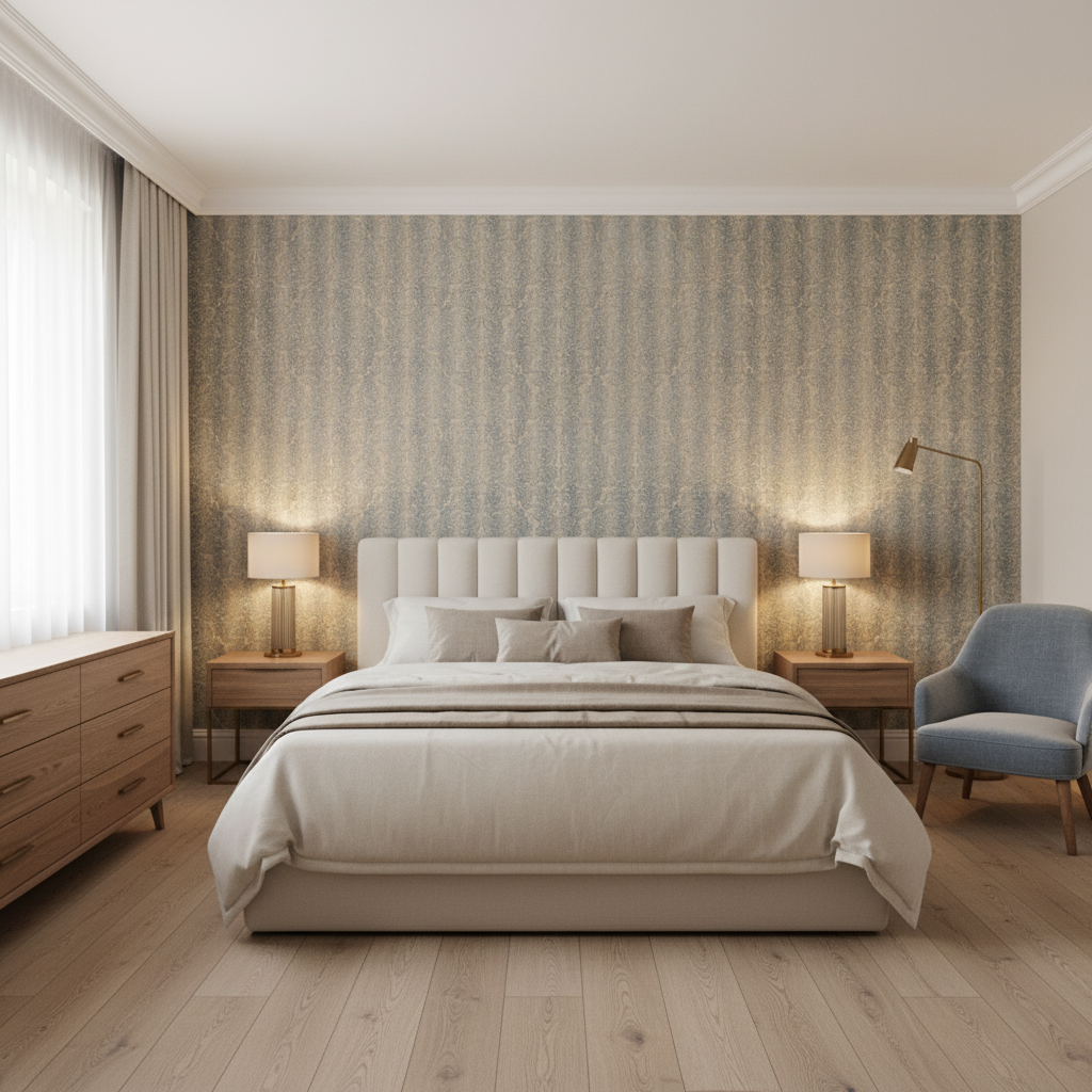 Shaw Damask Mist — Bedroom Room Setting