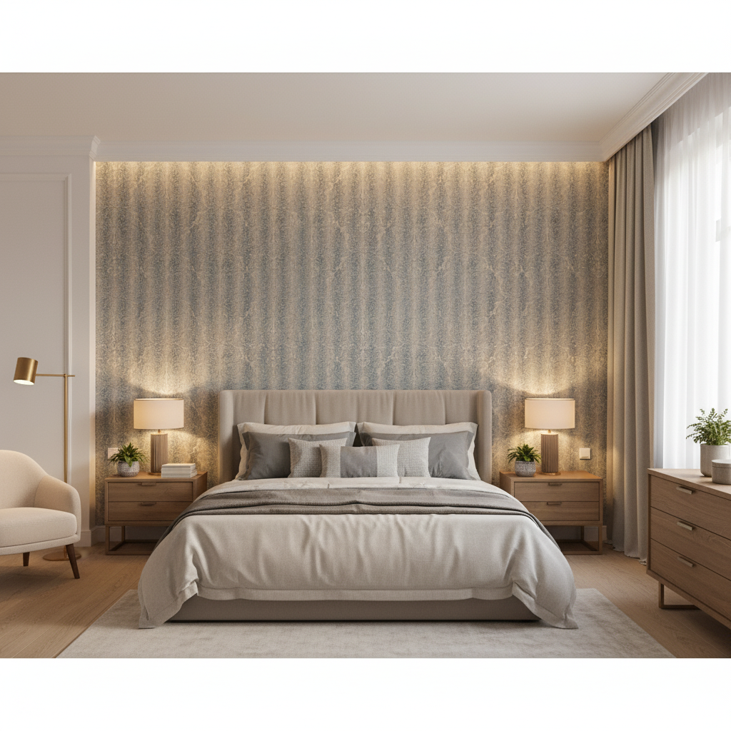 Shaw Damask Mist — Bedroom Room Setting