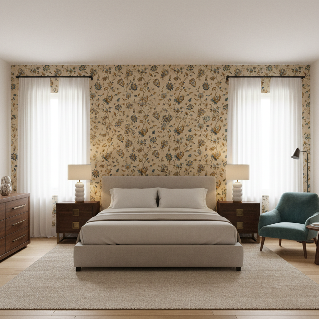 Hollin Print Peacock — Bedroom Room Setting