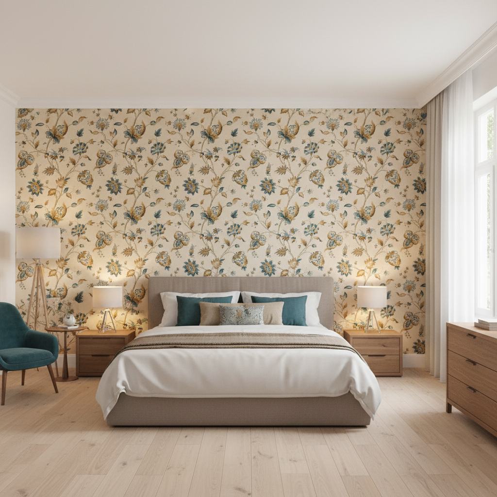 Hollin Print Peacock — Bedroom Room Setting
