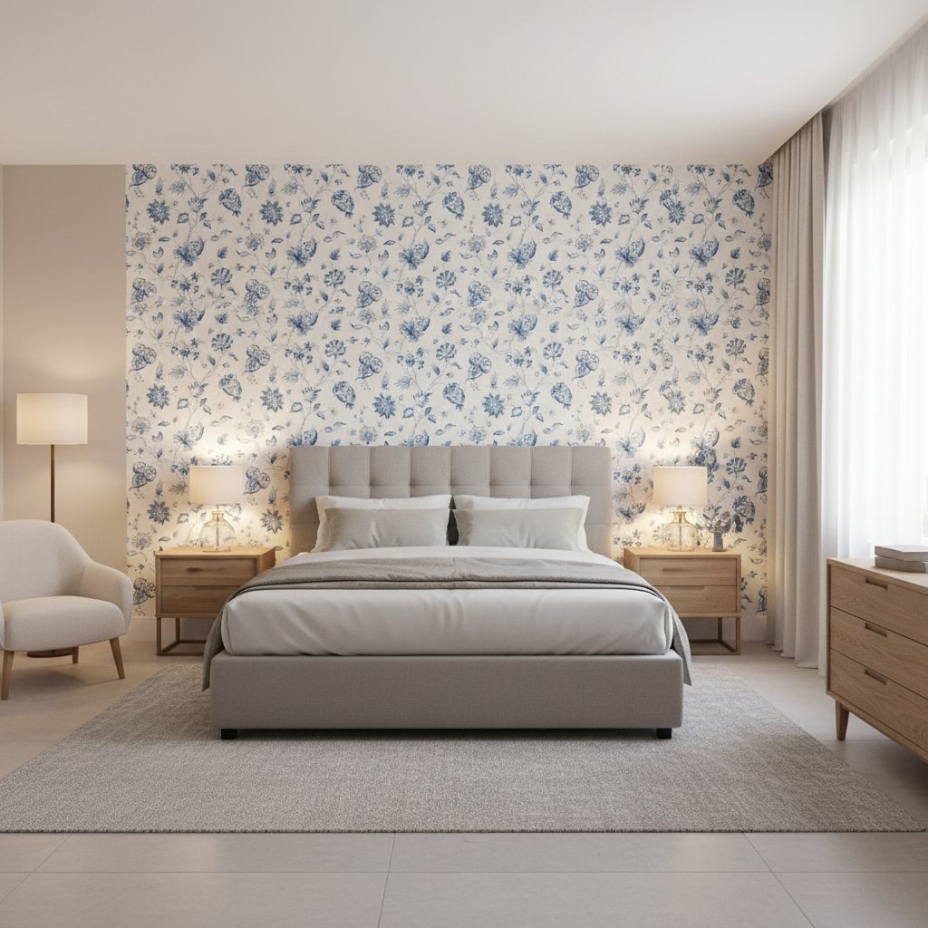 Hollin Print Indigo — Bedroom Room Setting