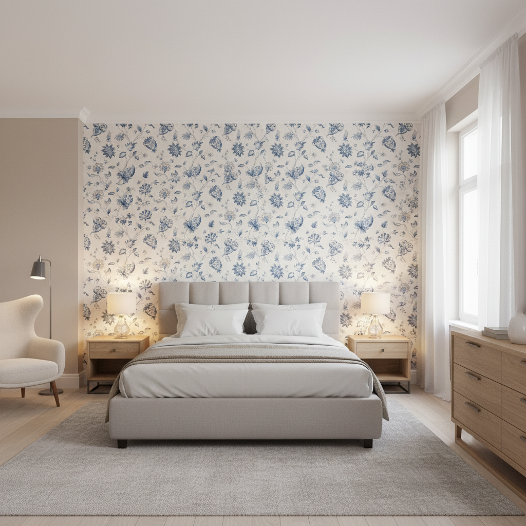 Hollin Print Indigo — Bedroom Room Setting