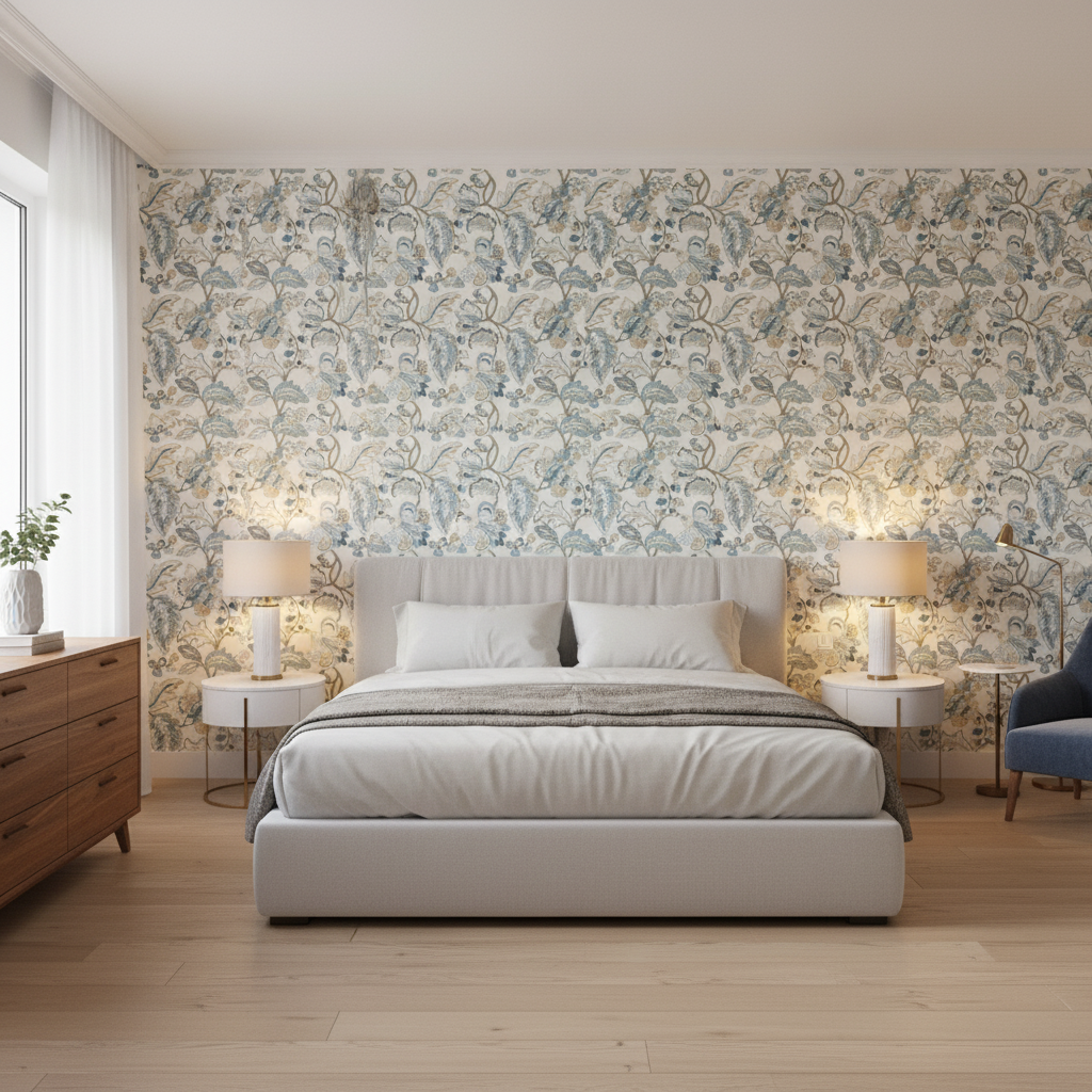 Orford Embroidery Blue/Gold — Bedroom Room Setting