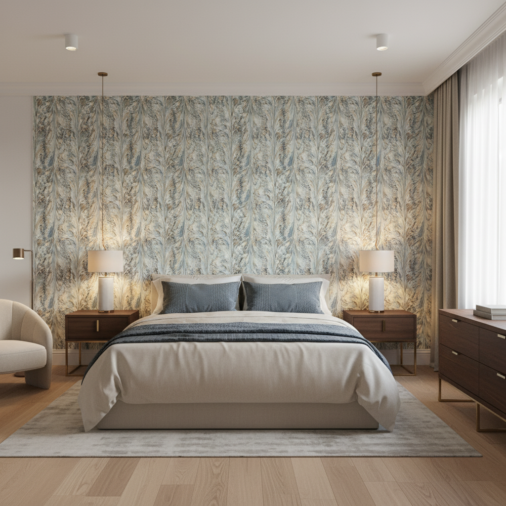 Taplow Print Sea Mist — Bedroom Room Setting