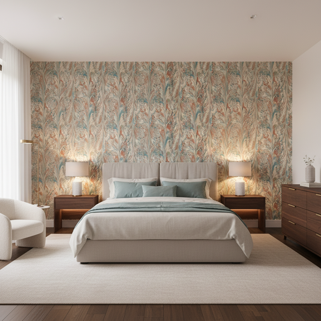 Taplow Print Clay/Blue — Bedroom Room Setting