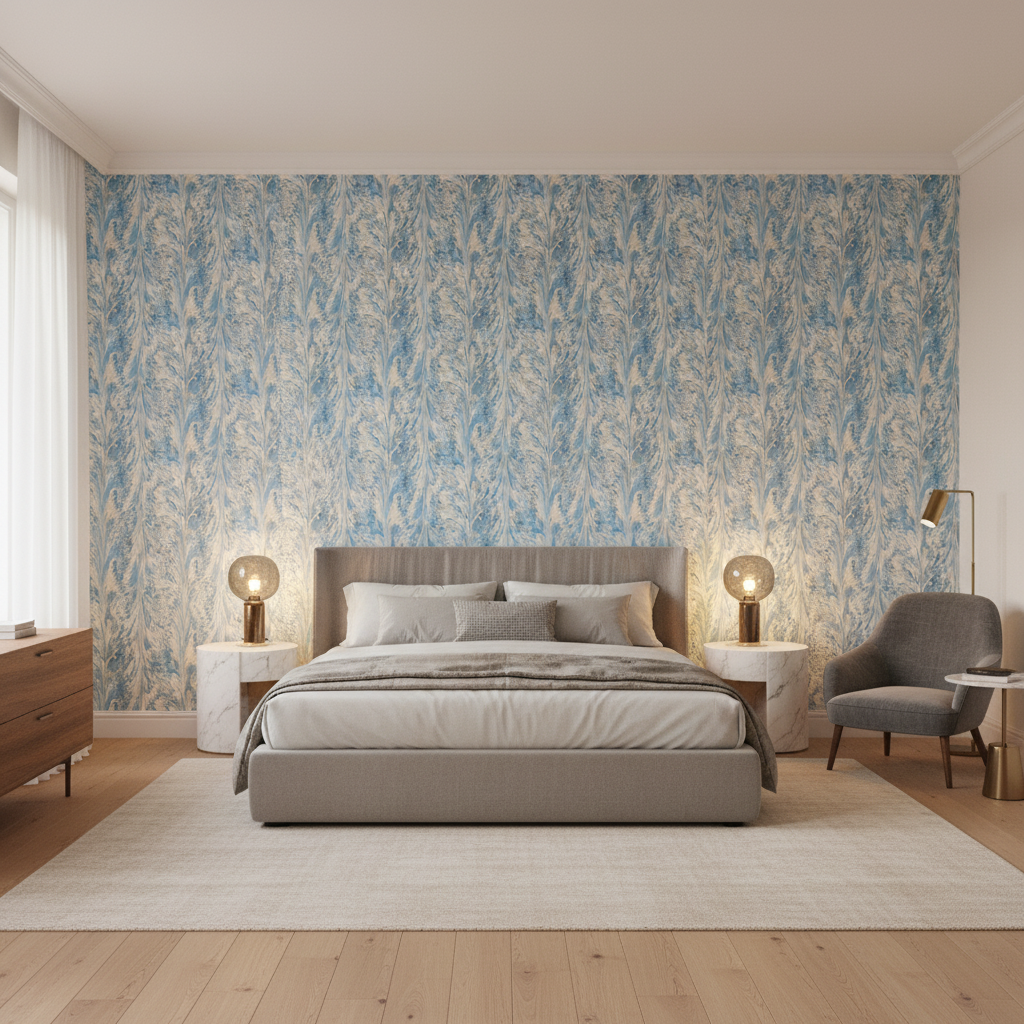 Taplow Print Capri/Sky — Bedroom Room Setting