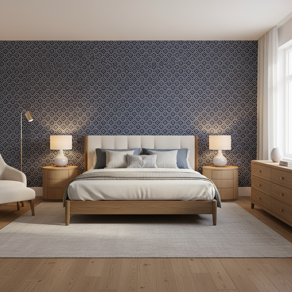 Seaford Weave Navy — Bedroom Room Setting