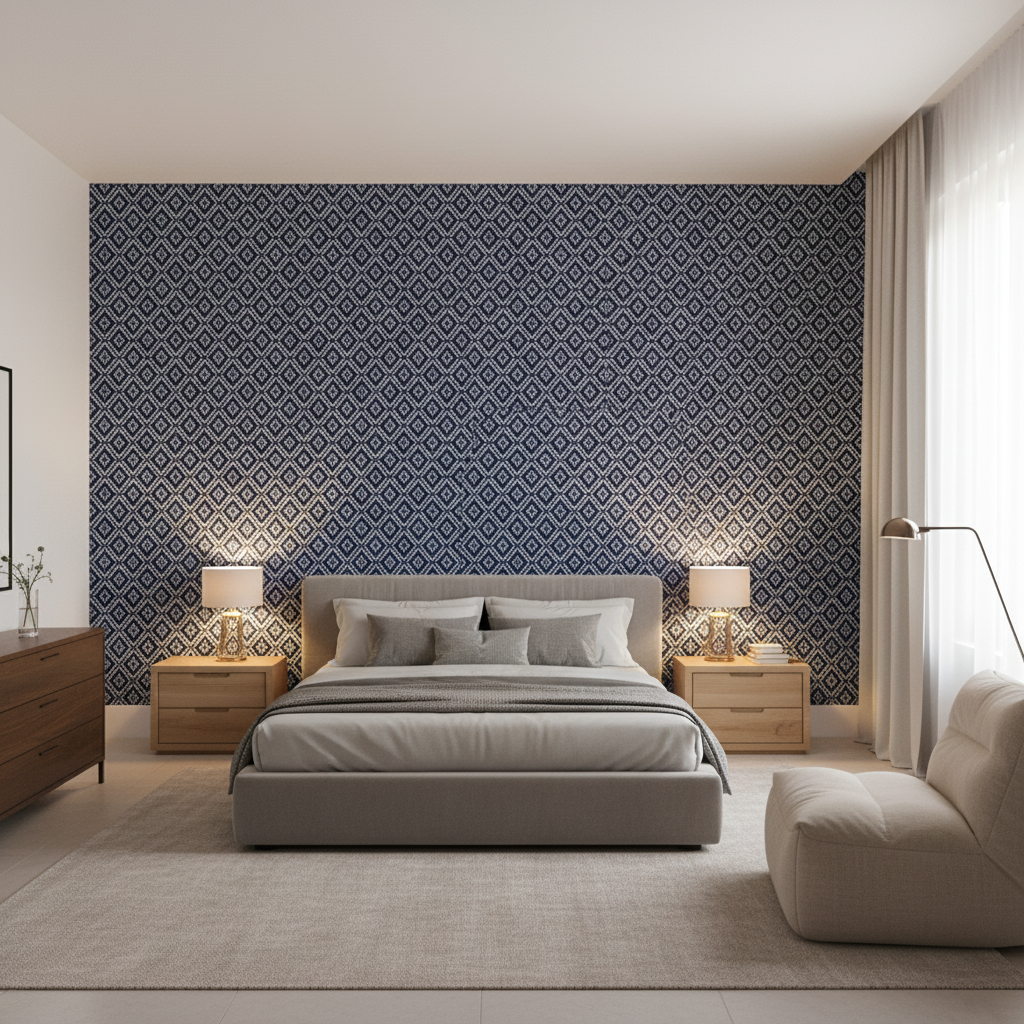 Seaford Weave Navy — Bedroom Room Setting