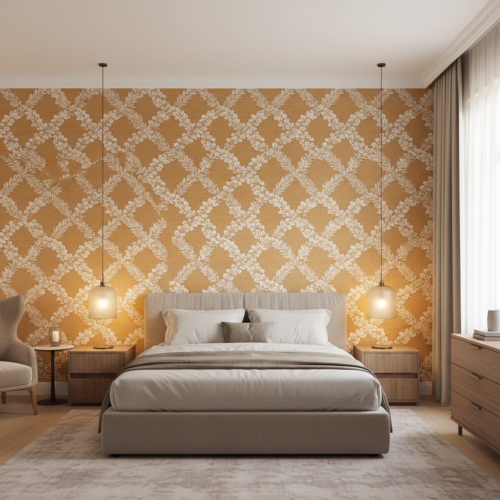Leaf Trellis Caramel — Bedroom Room Setting