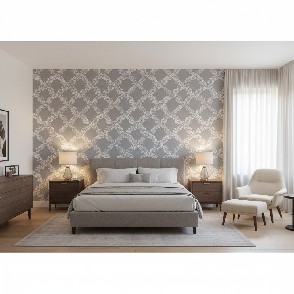 Leaf Trellis Lichen — Bedroom Room Setting