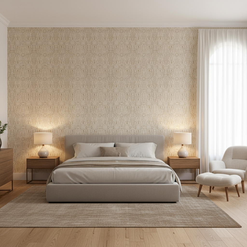 Drayton Print Buff — Bedroom Room Setting