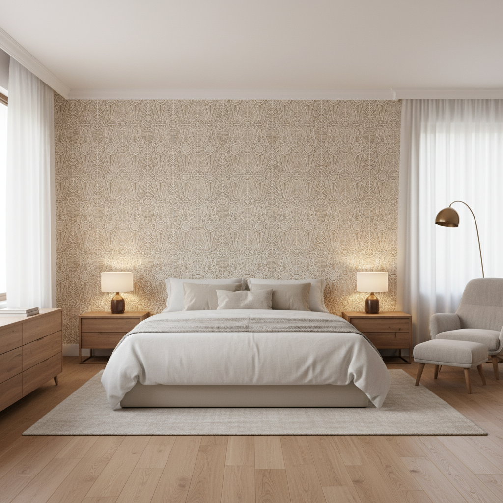 Drayton Print Buff — Bedroom Room Setting