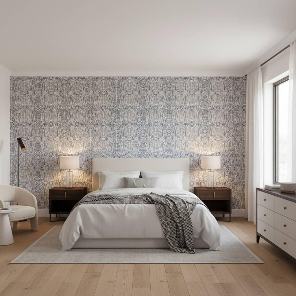 Drayton Print Indigo — Bedroom Room Setting