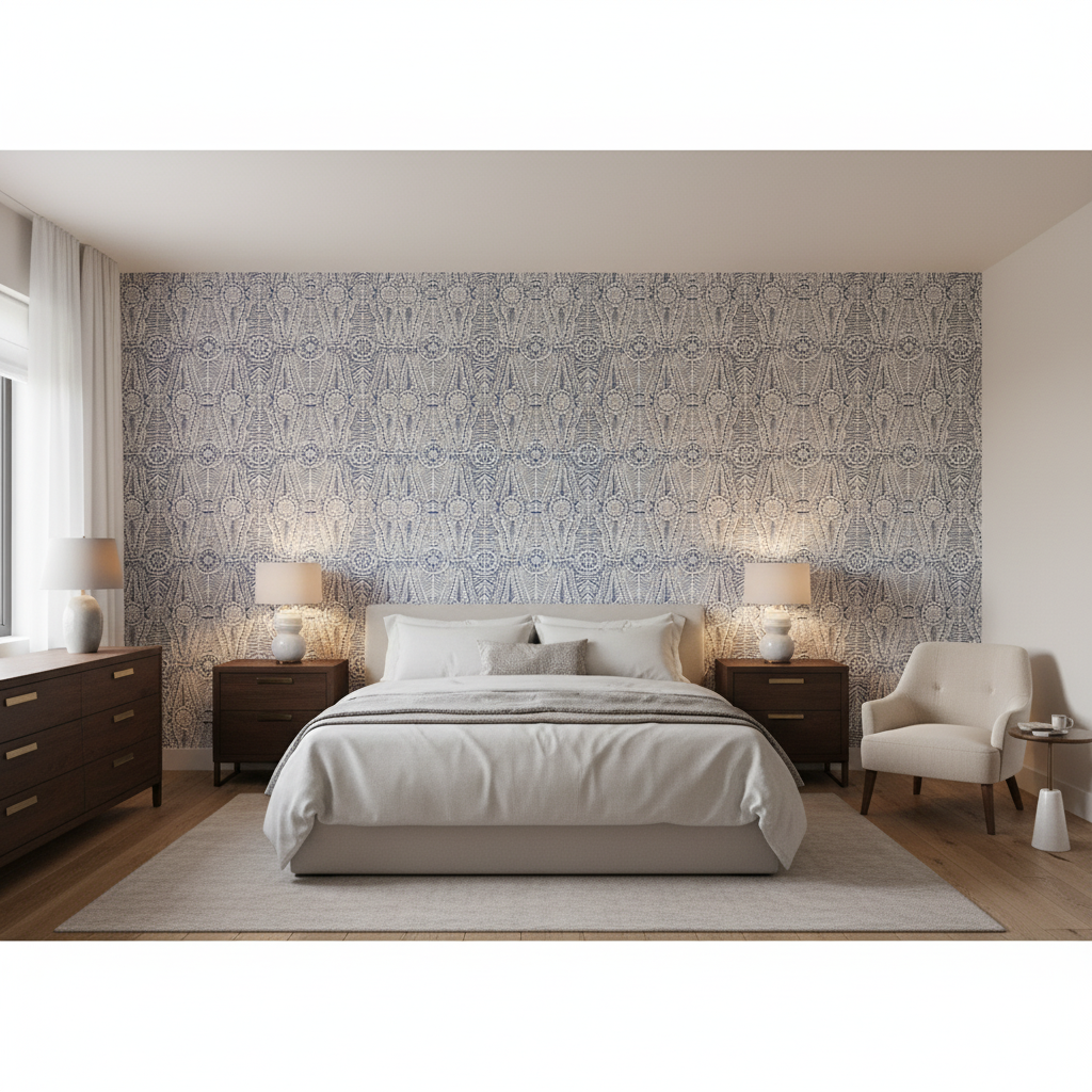Drayton Print Indigo — Bedroom Room Setting