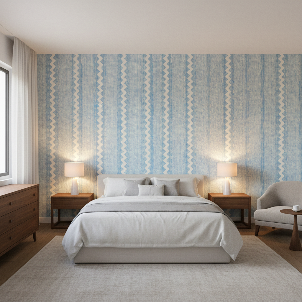 Whitaker Print Sky/Delft — Bedroom Room Setting